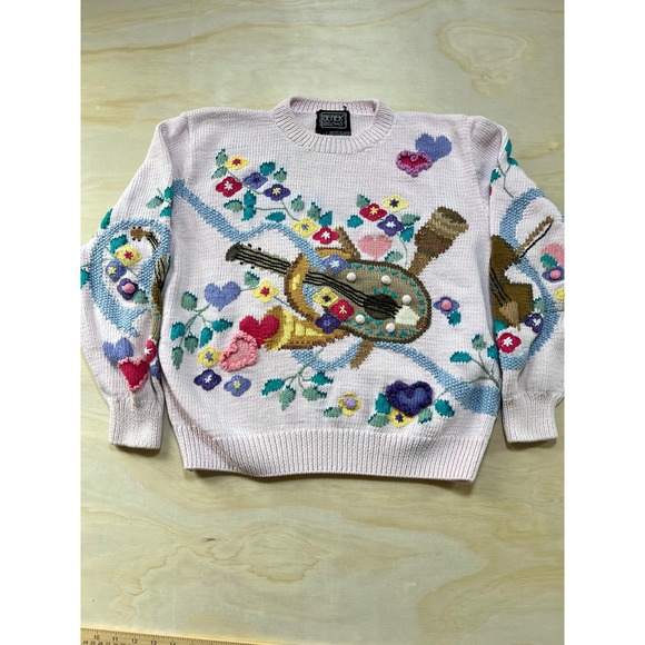berek Sweaters - Berek Hand Knit Pink Cotton Sweater Musical Instruments Floral Hearts Size M
